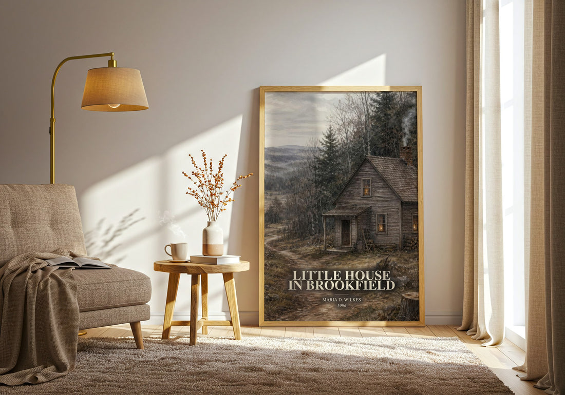 Little house in Brookfield watercolour print in frame leaning in hallway – childrens wall art