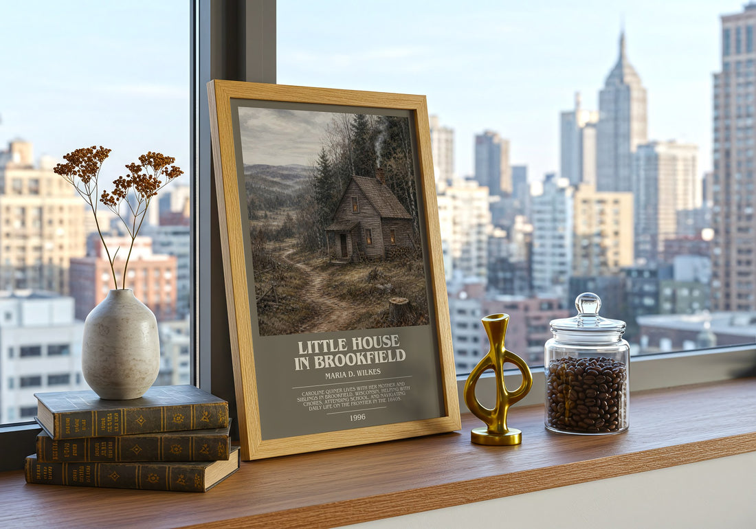 Little house in Brookfield bookish print framed by window – literary home decor