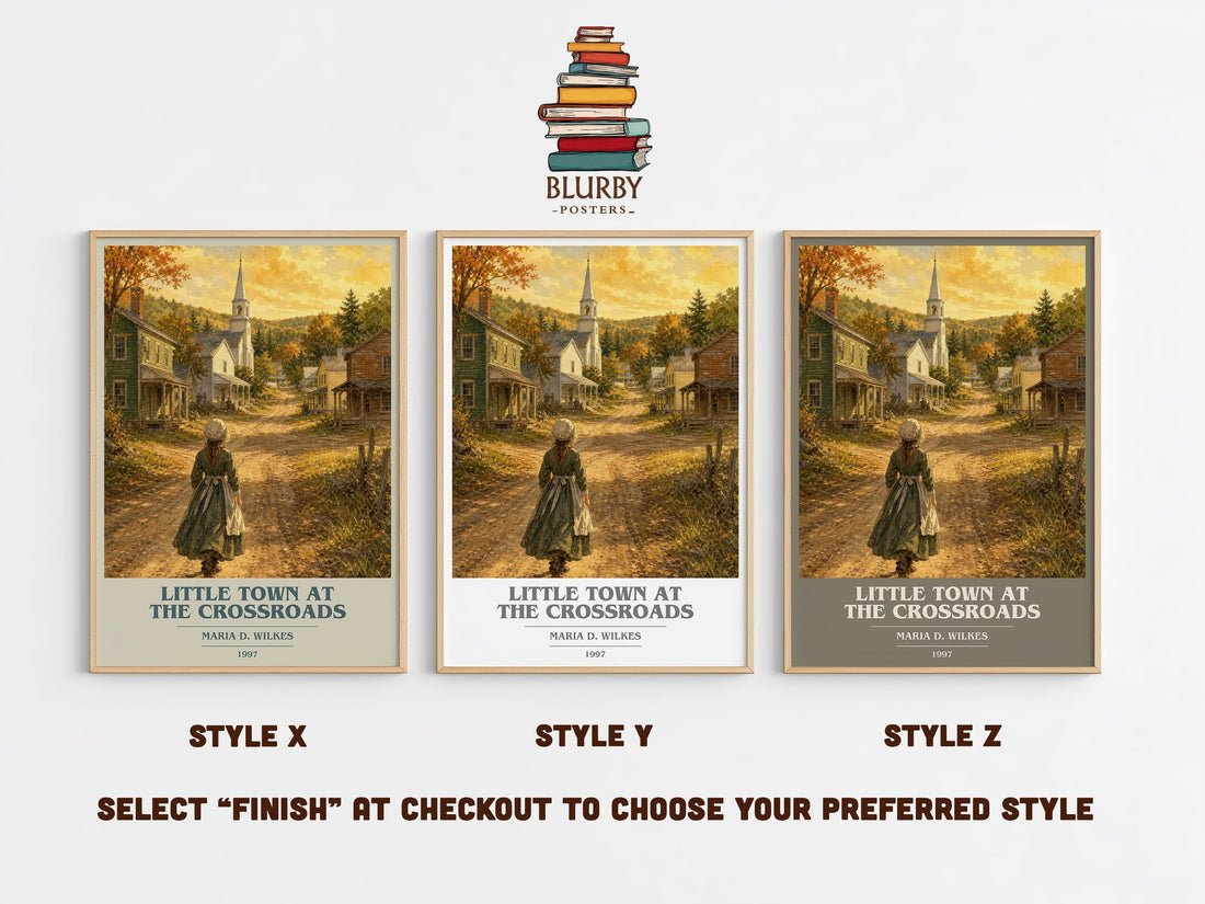 Little Town at the Crossroads book cover print in frame leaning in hallway – childrens wall art (mockup)