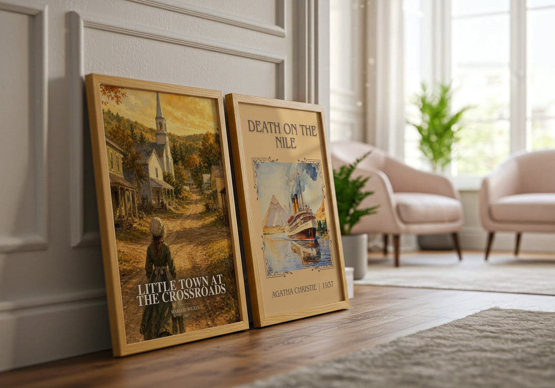 Little Town at the Crossroads watercolour print framed by window – literary home decor
