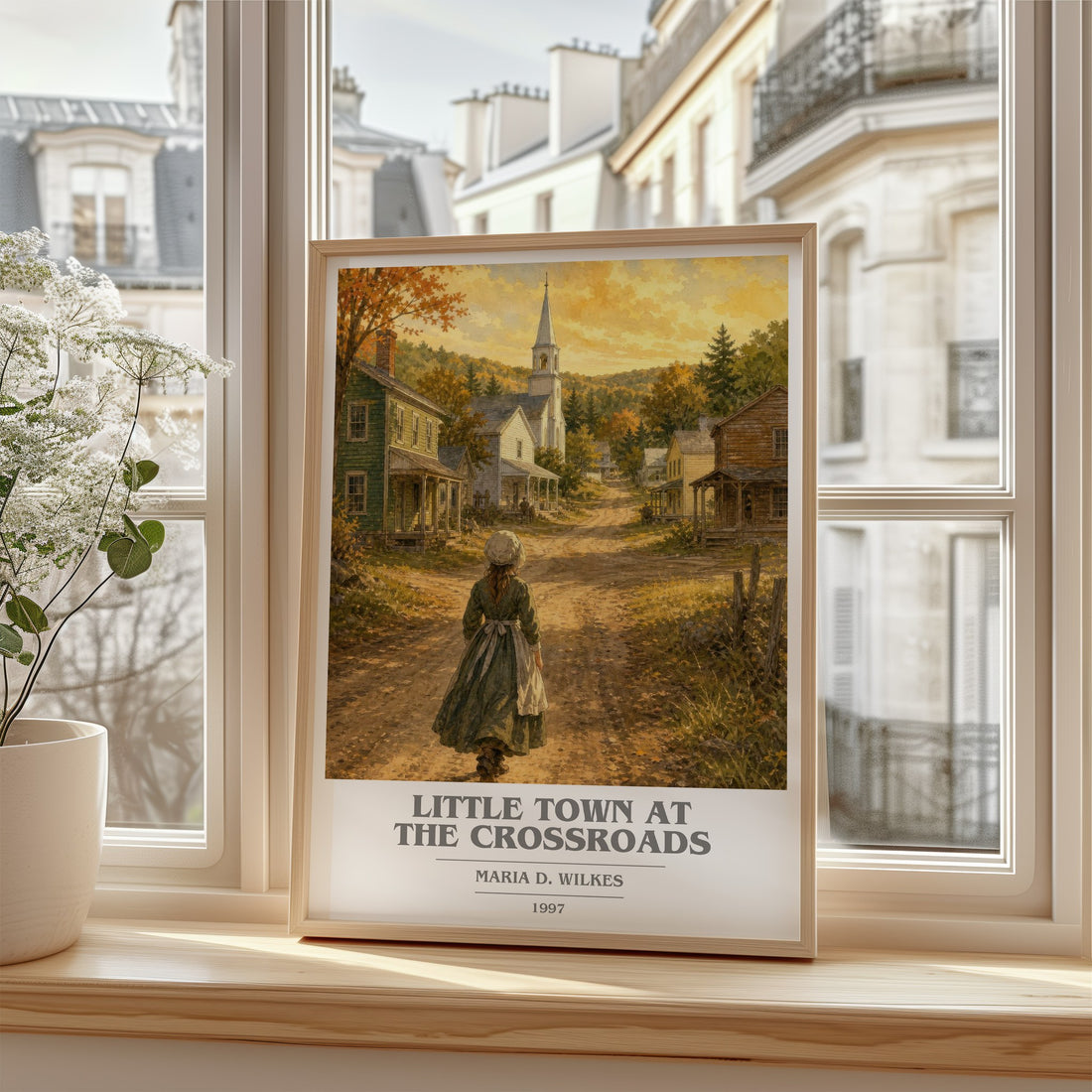 Little Town at the Crossroads Book Cover Poster by Maria D. Wilkes – framed print by a bright window