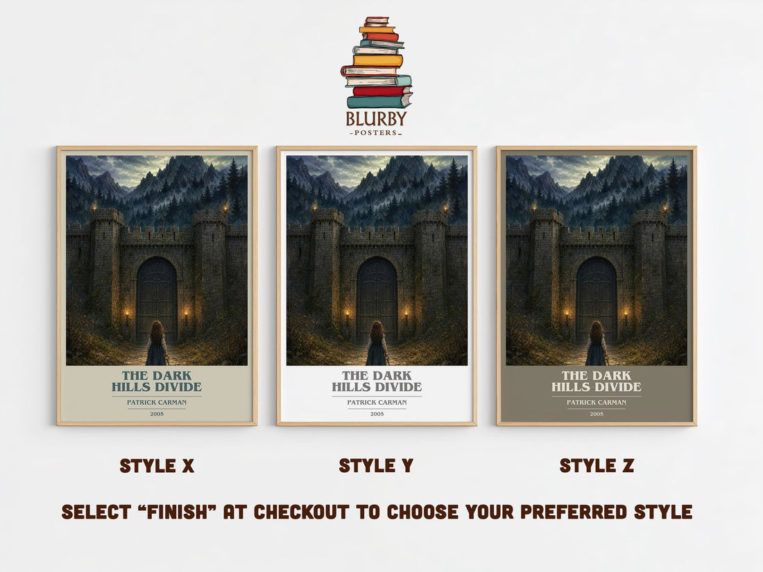 The Dark Hills divide book cover print in frame leaning in hallway – fantasy wall art (mockup)