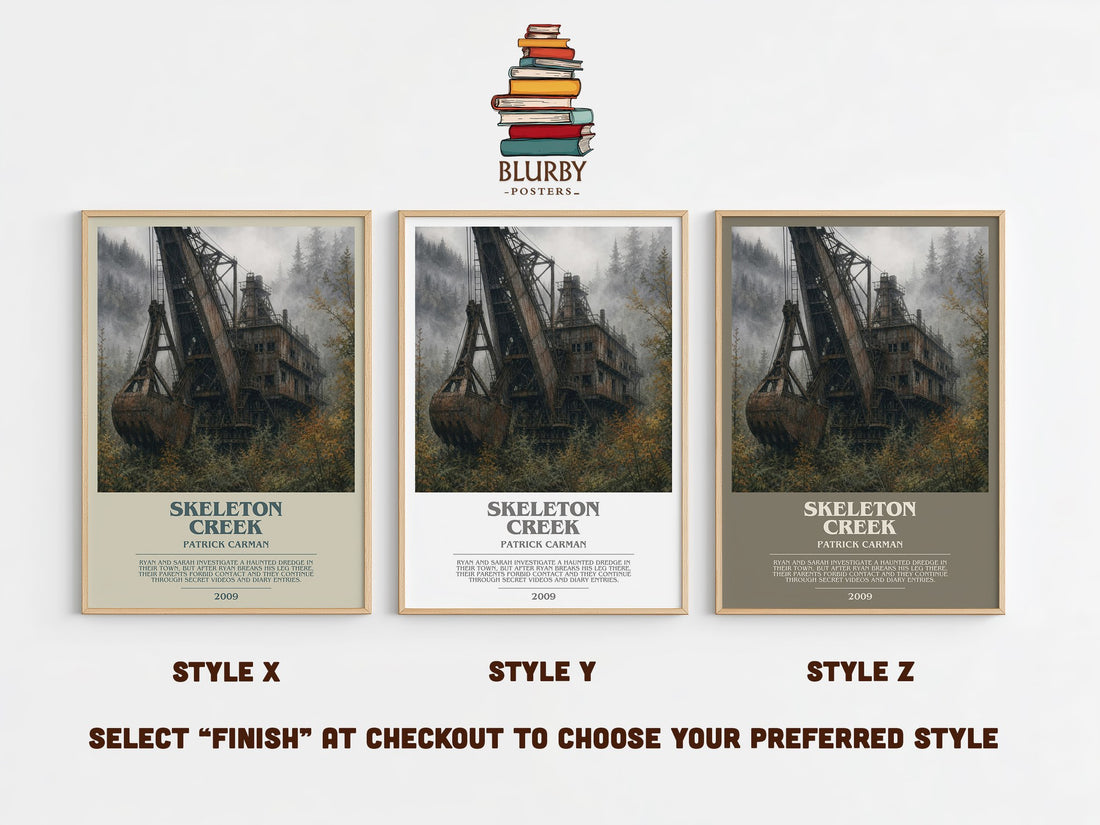 Skeleton Creek bookish print in frame leaning in hallway – mystery wall art (mockup)