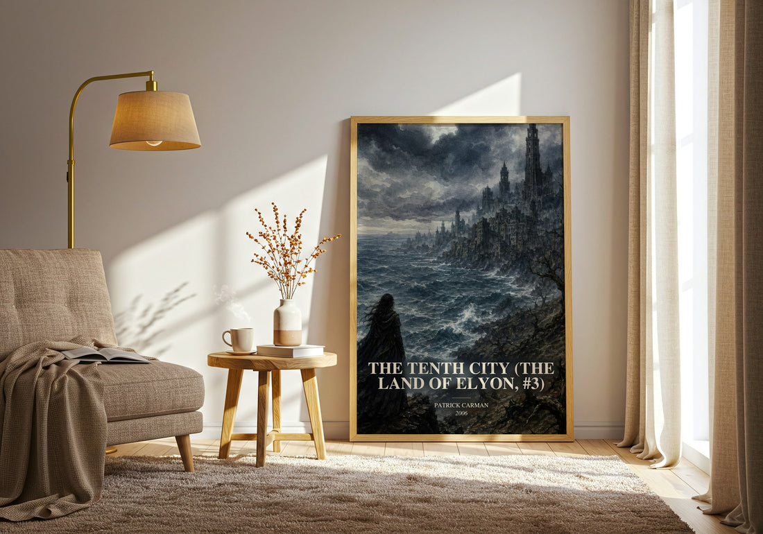 The Tenth City (The Land of Elyon, #3) watercolour print in frame leaning in hallway – fantasy wall art