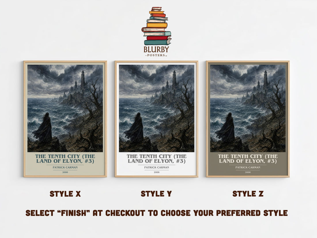 The Tenth City (The Land of Elyon, #3) book cover print in frame leaning in hallway – fantasy wall art (mockup)