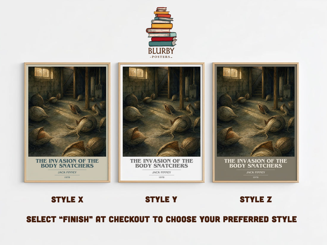 The Invasion of the Body Snatchers book cover print in frame leaning in hallway – sci fi wall art (mockup)