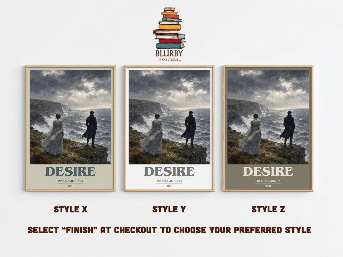 Desire book cover print in frame leaning in hallway – romance wall art (mockup)