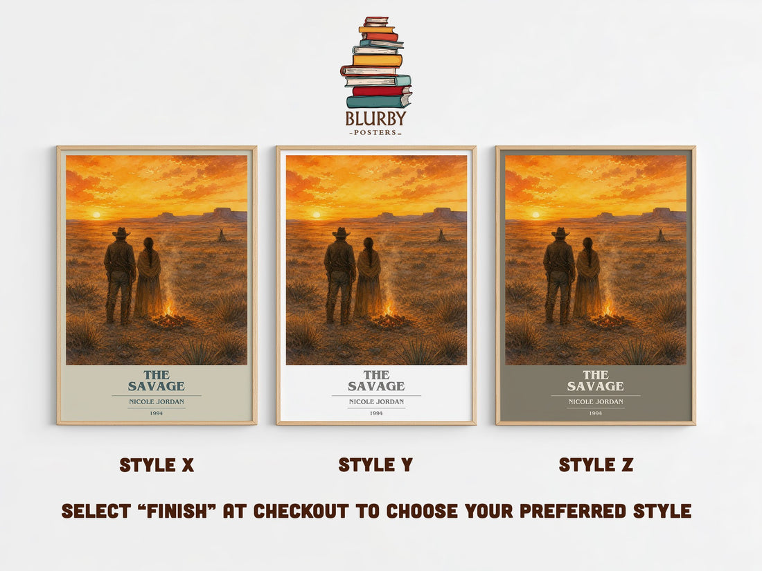 The Savage book cover print in frame leaning in hallway – romance wall art (mockup)