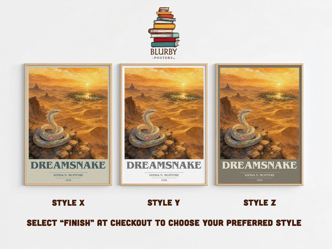 Dreamsnake book cover print in frame leaning in hallway – sci fi wall art (mockup)