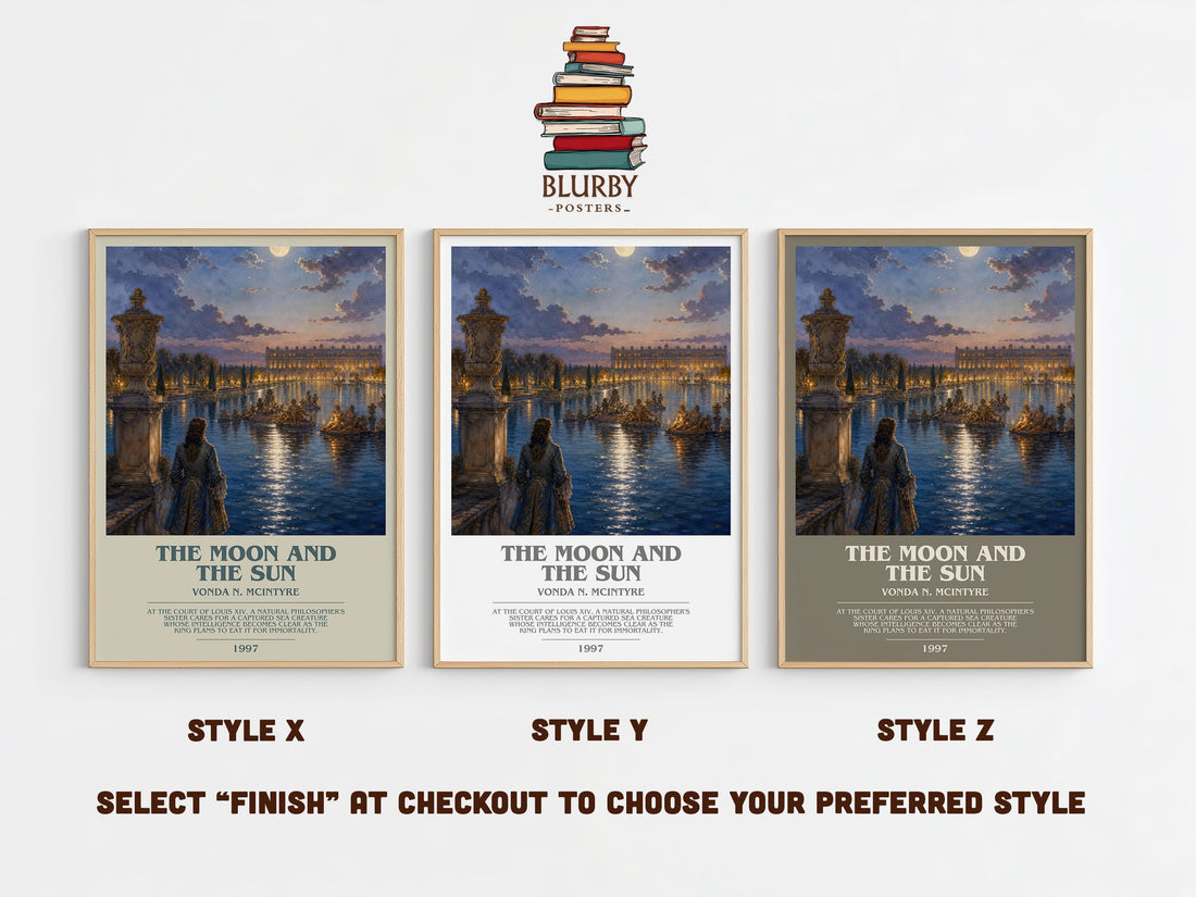 The Moon and the Sun bookish print in frame leaning in hallway – fantasy wall art (mockup)