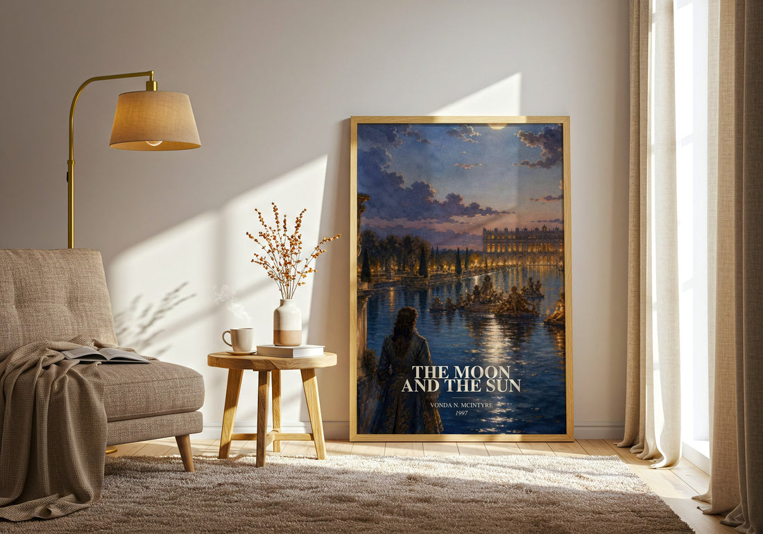 The Moon and the Sun watercolour print in frame leaning in hallway – fantasy wall art