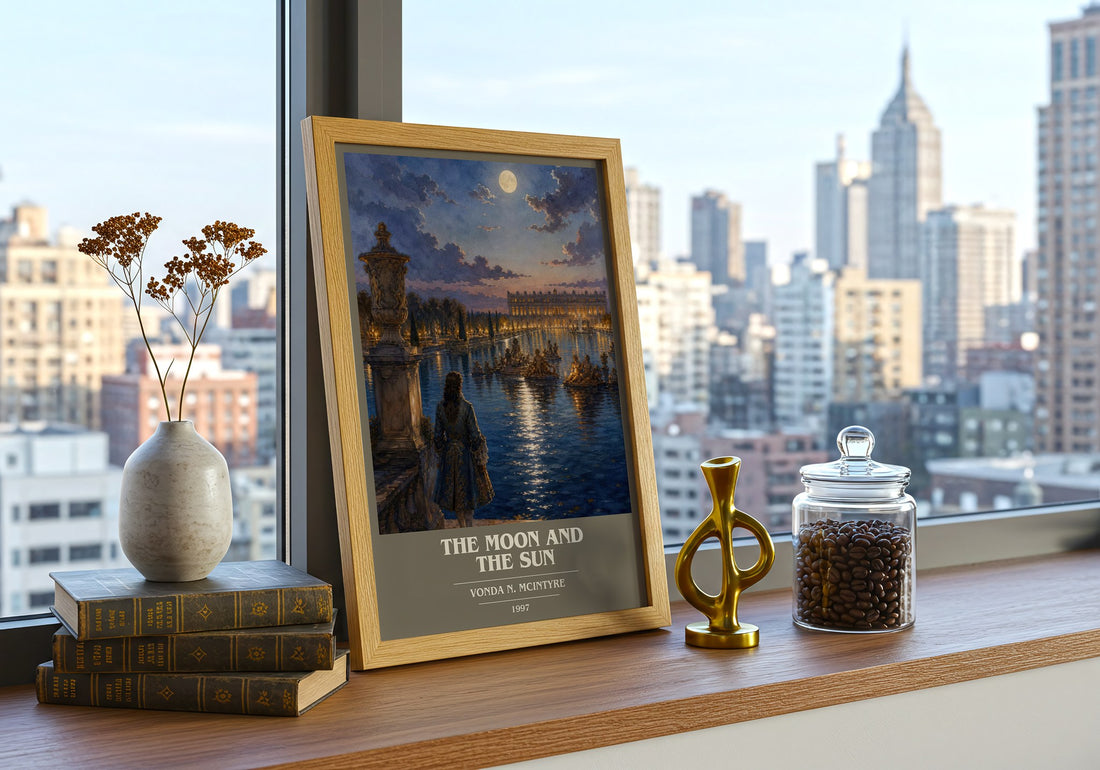 The Moon and the Sun book cover print framed by window – literary home decor