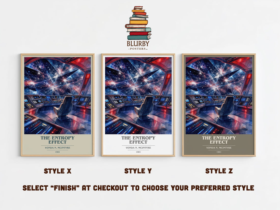 The Entropy Effect book cover print in frame leaning in hallway – sci fi wall art (mockup)