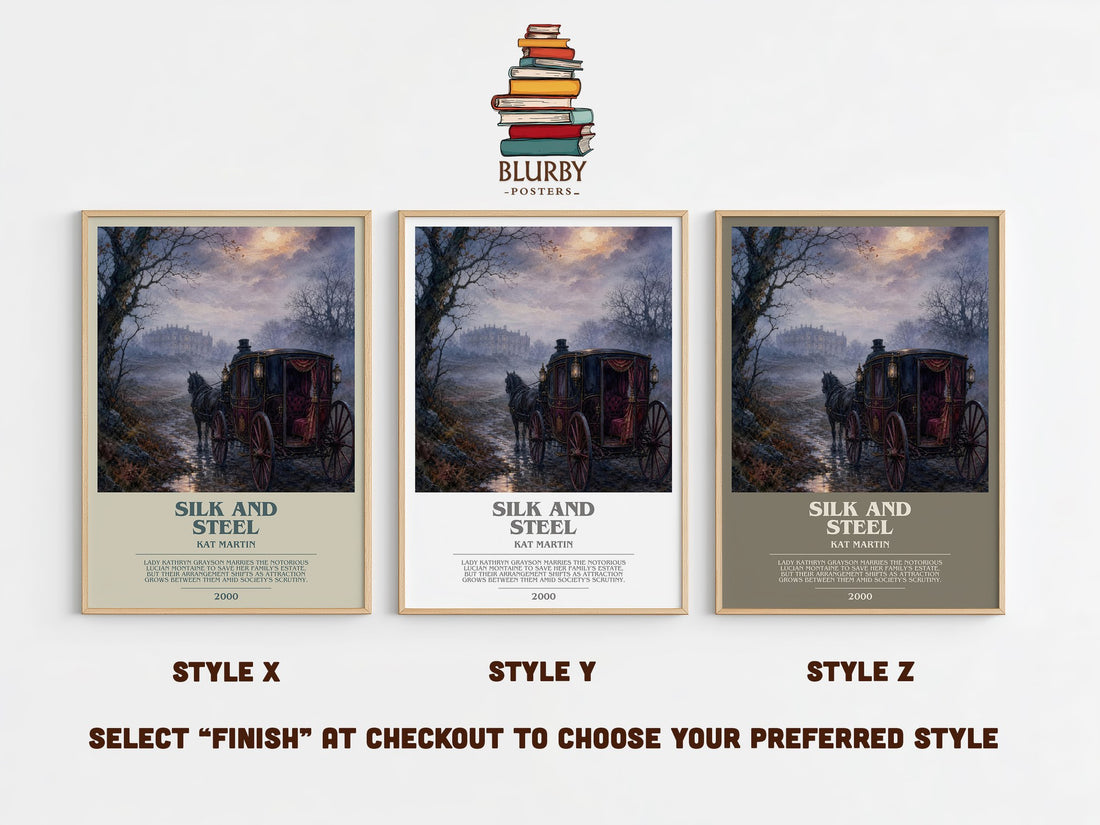Silk and Steel bookish print in frame leaning in hallway – romance wall art (mockup)