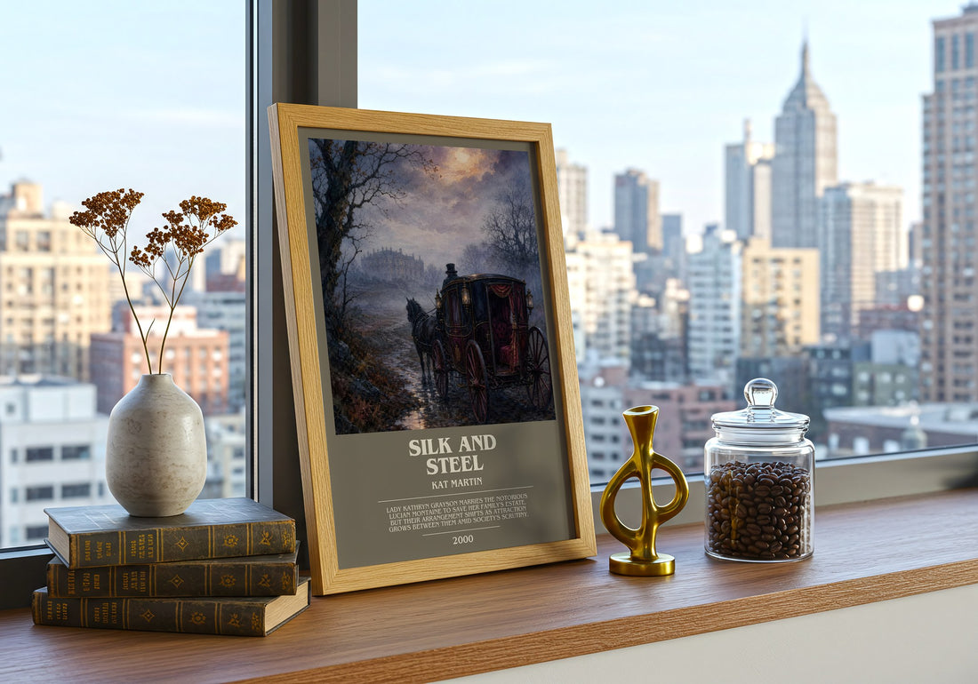 Silk and Steel bookish print framed by window – literary home decor