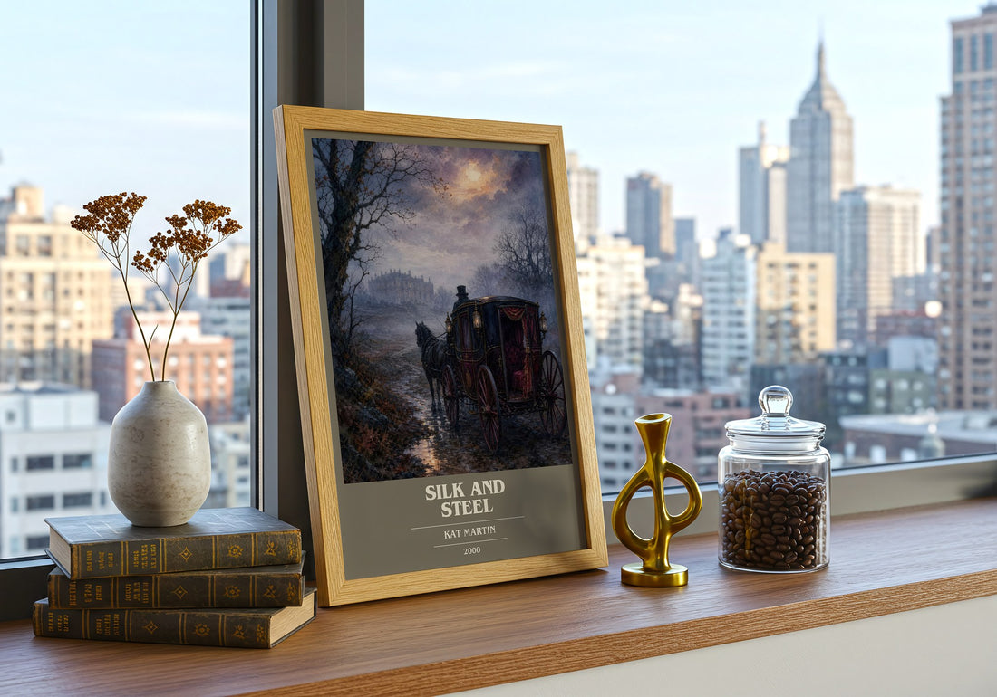 Silk and Steel book cover print framed by window – literary home decor