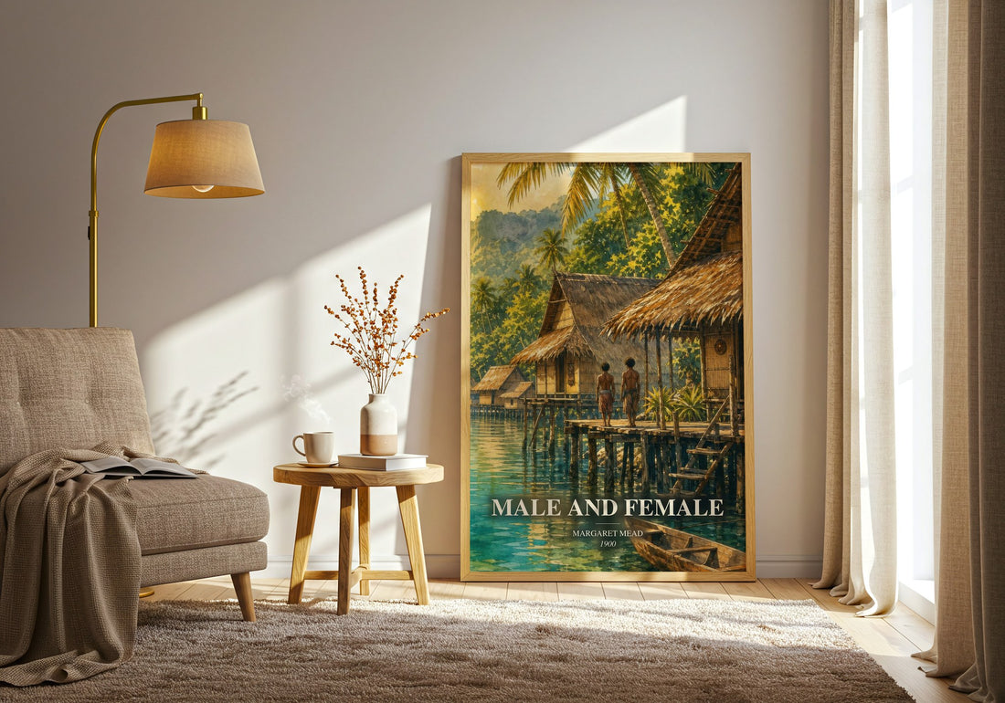 Male and female watercolour print in frame leaning in hallway – non fiction wall art