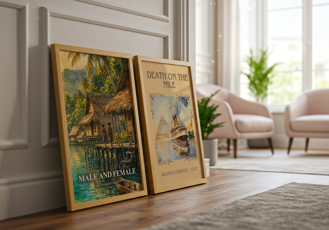 Male and female watercolour print framed by window – literary home decor