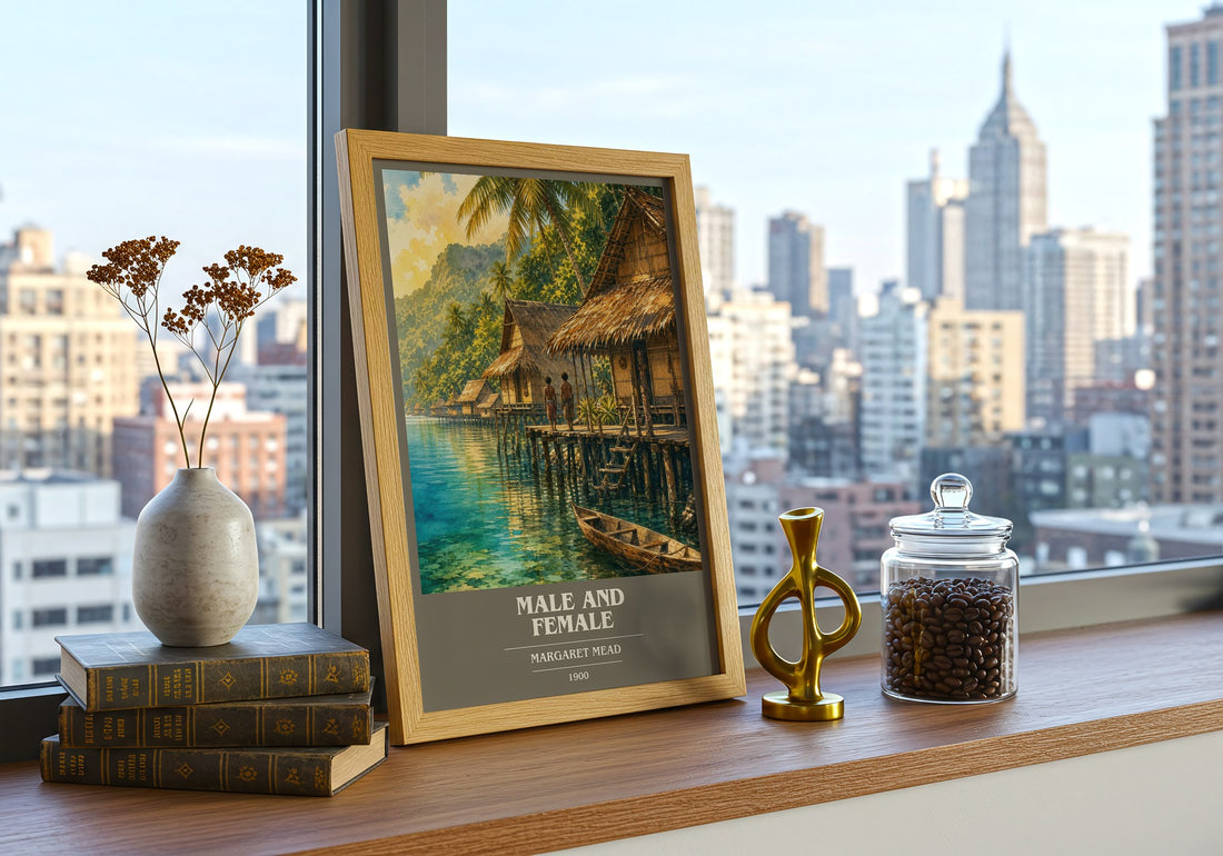 Male and female book cover print framed by window – literary home decor