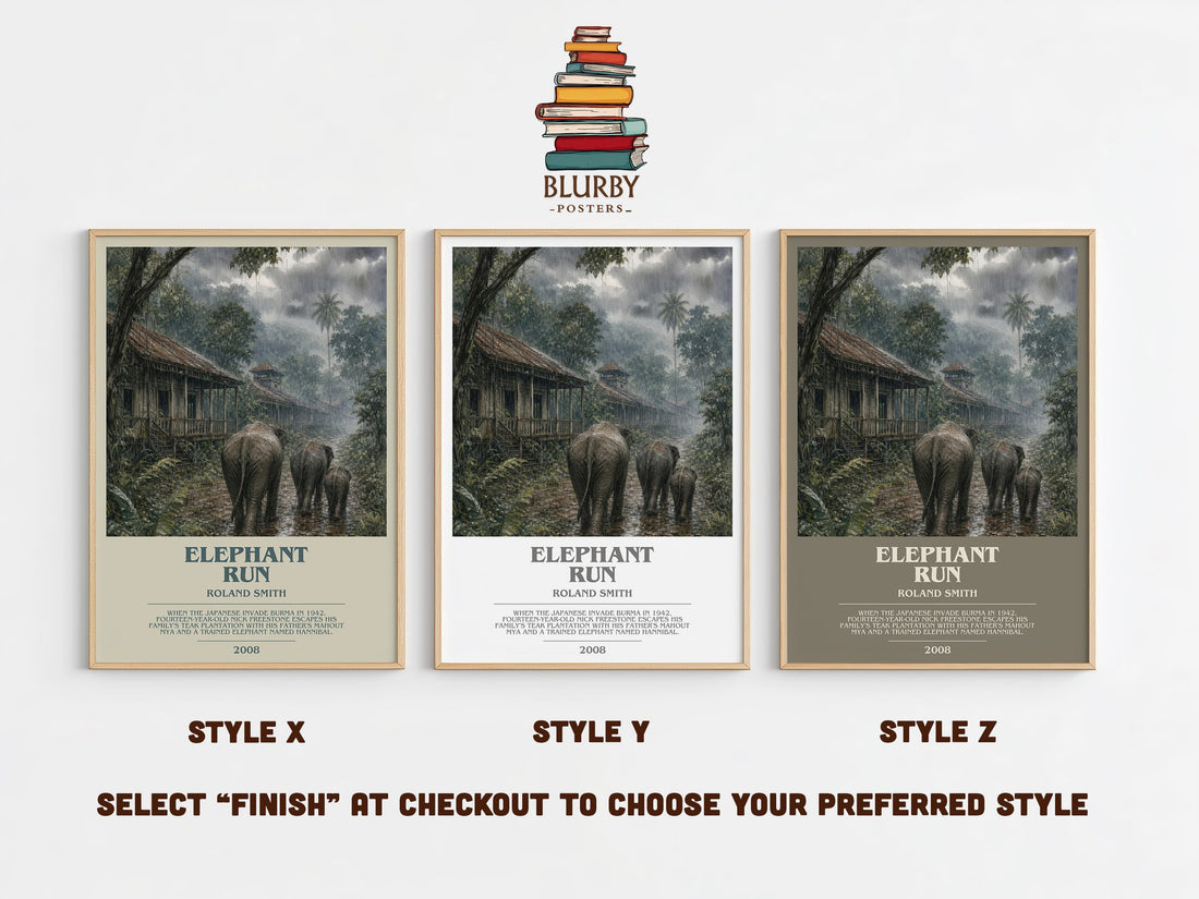 Elephant run bookish print in frame leaning in hallway – young adult wall art (mockup)