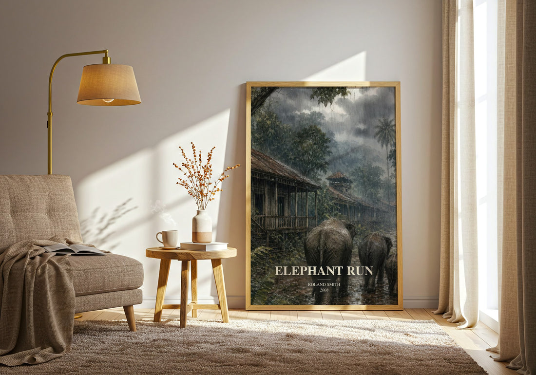 Elephant run watercolour print in frame leaning in hallway – young adult wall art