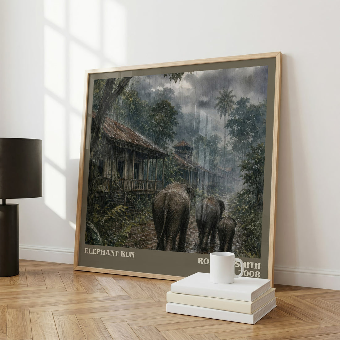 Elephant run literary print framed by window – literary home decor