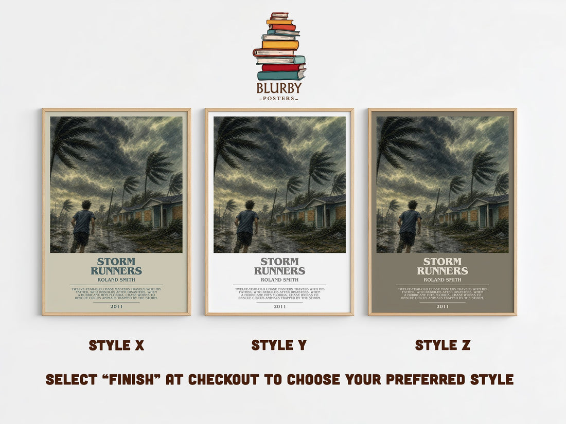 Storm Runners bookish print in frame leaning in hallway – adventure wall art (mockup)