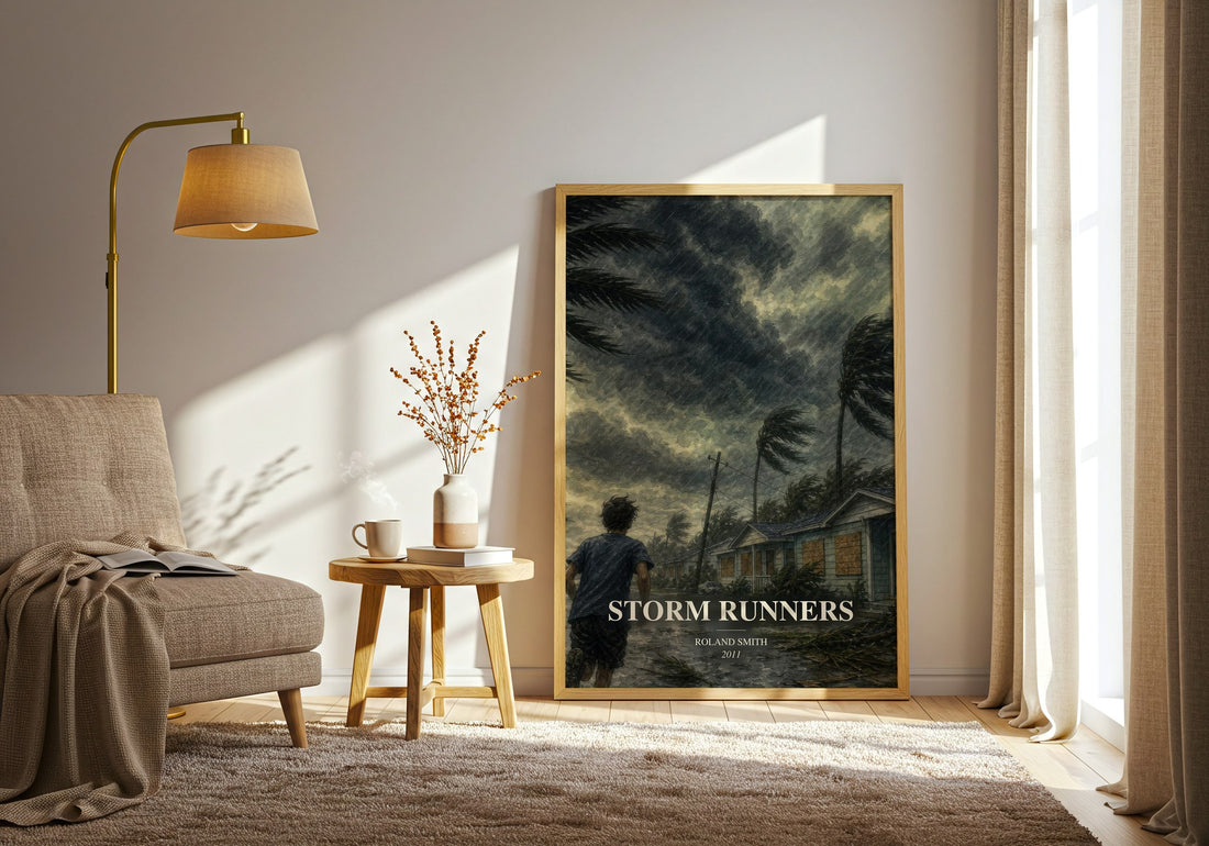 Storm Runners watercolour print in frame leaning in hallway – adventure wall art