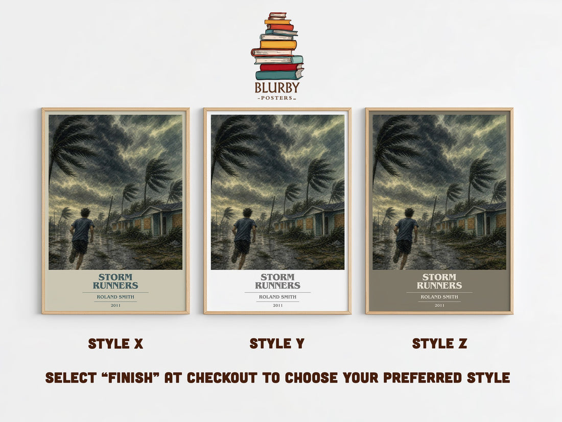 Storm Runners book cover print in frame leaning in hallway – adventure wall art (mockup)
