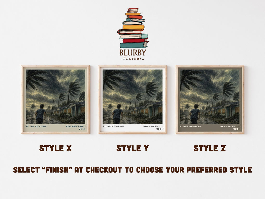 Storm Runners literary print in frame leaning in hallway – adventure wall art (mockup)