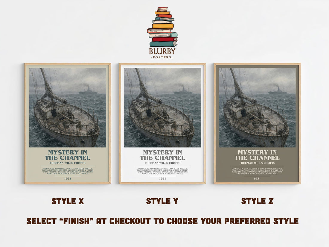 Mystery in the channel bookish print in frame leaning in hallway – mystery wall art (mockup)