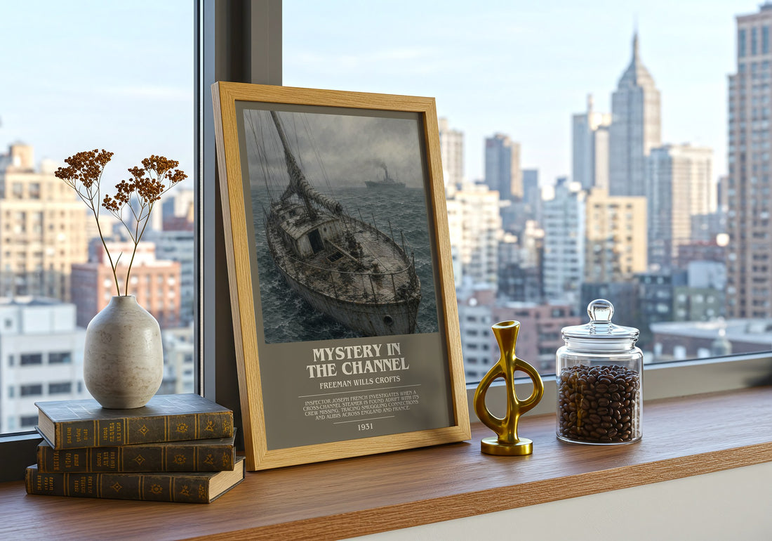 Mystery in the channel bookish print framed by window – literary home decor