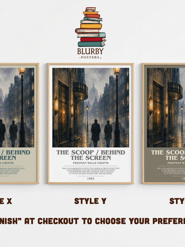 The Scoop / Behind the Screen bookish print in frame leaning in hallway – mystery wall art