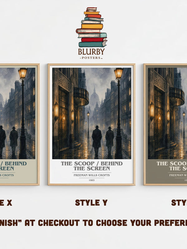 The Scoop / Behind the Screen book cover print in frame leaning in hallway – mystery wall art