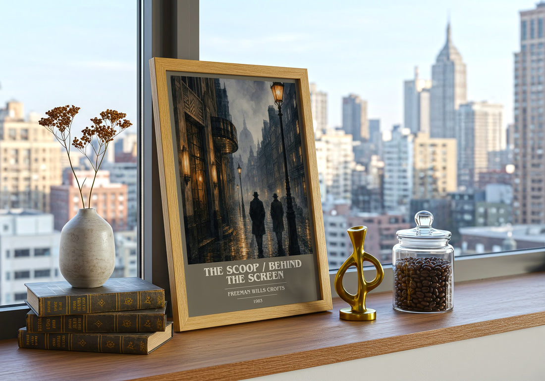 Scoop / Behind the Screen Book Cover Poster by Freeman Wills Crofts – framed print on a city-view windowsill
