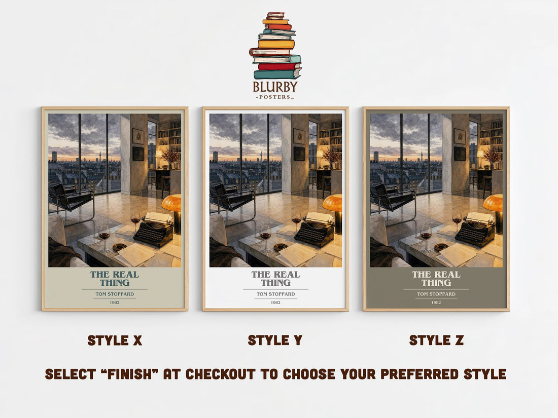 The real thing book cover print in frame leaning in hallway – literary fiction wall art (mockup)