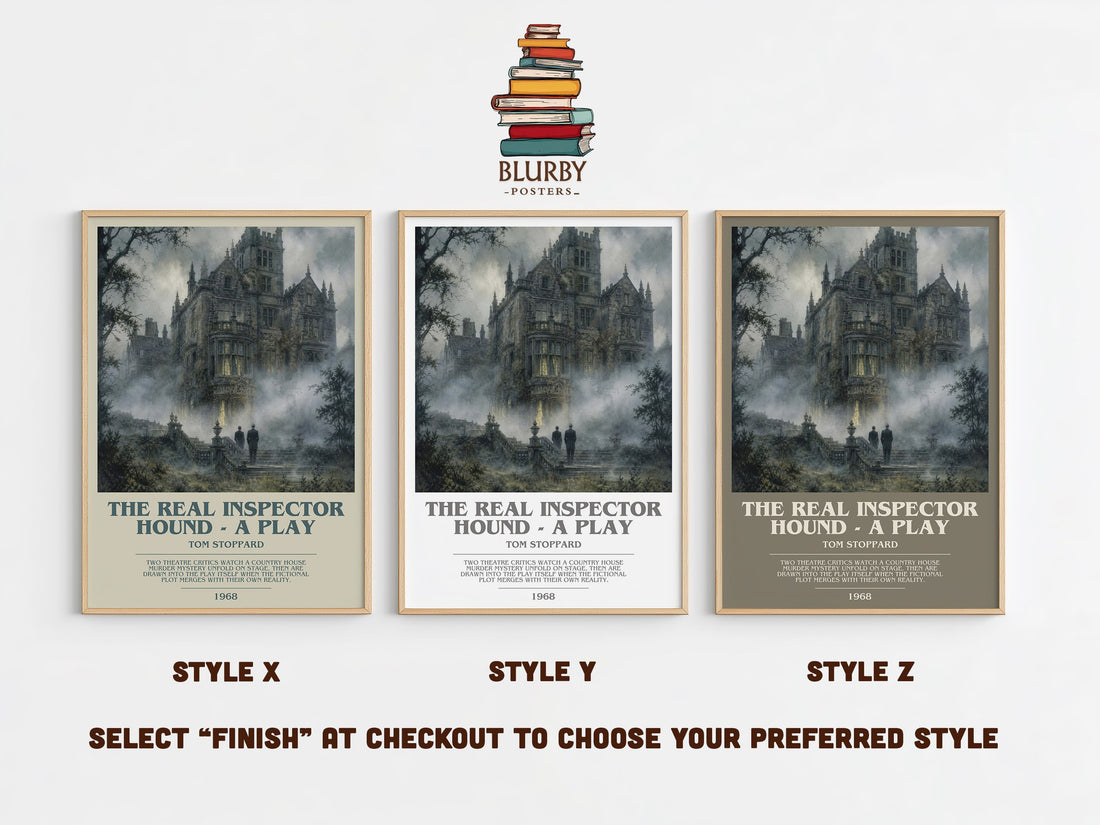 The Real Inspector Hound - A Play bookish print in frame leaning in hallway – literary fiction wall art (mockup)