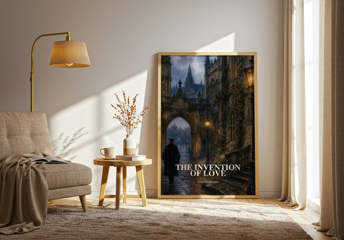 The invention of love watercolour print in frame leaning in hallway – literary fiction wall art