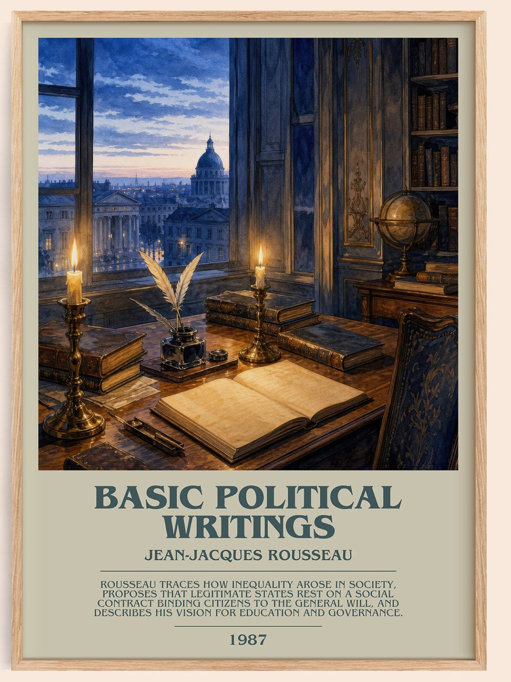 Basic political writings bookish book poster by Jean-Jacques Rousseau – framed literary art print