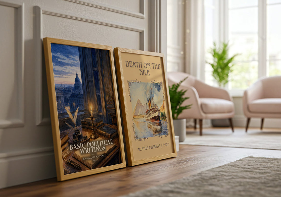 Basic political writings watercolour print framed by window – literary home decor