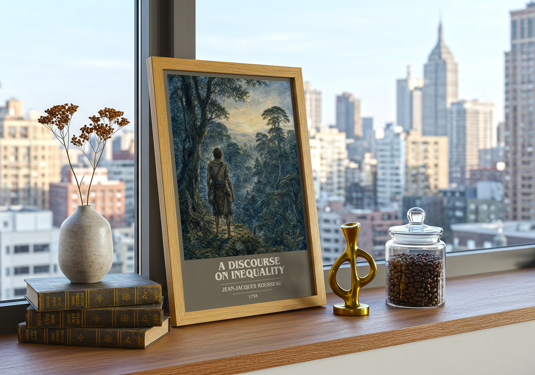 A discourse on inequality book cover print framed by window – literary home decor