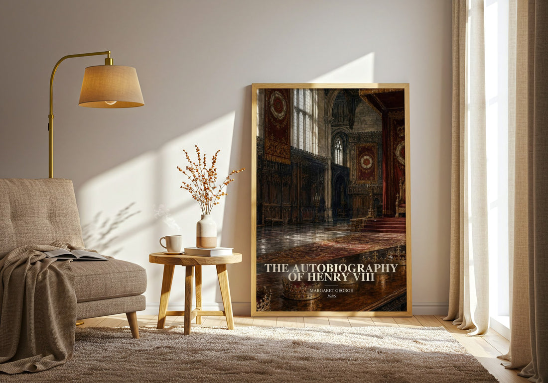 The autobiography of Henry VIII watercolour print in frame leaning in hallway – historical fiction wall art