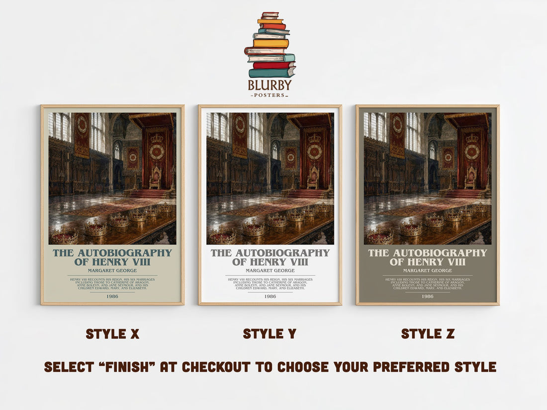 The autobiography of Henry VIII bookish print in frame leaning in hallway – historical fiction wall art (mockup)