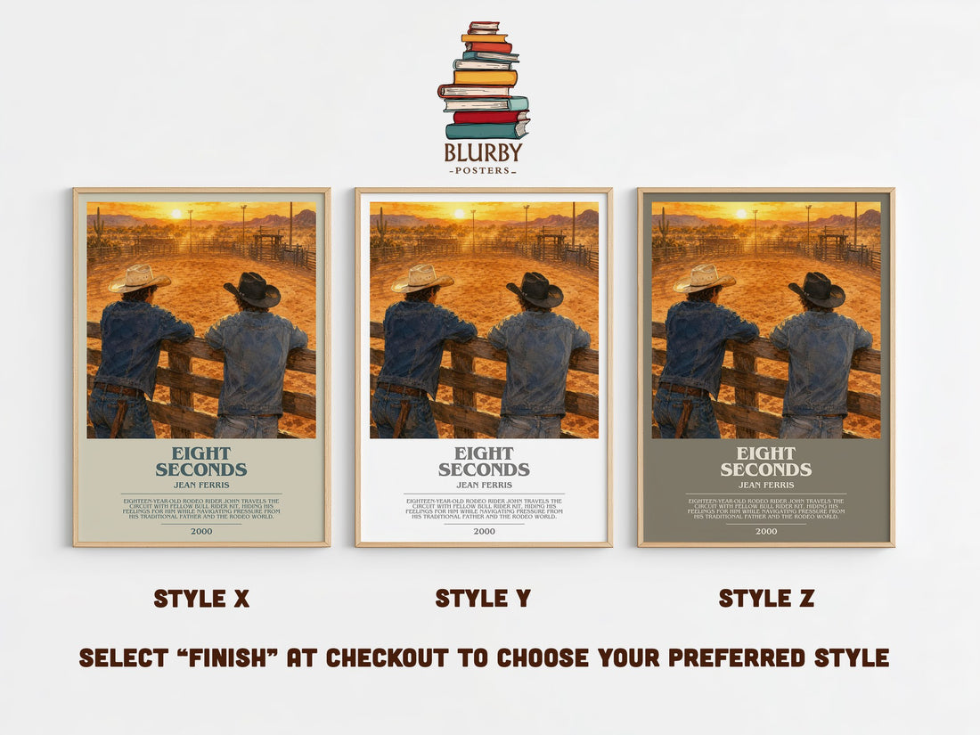 Eight seconds bookish print in frame leaning in hallway – young adult wall art (mockup)