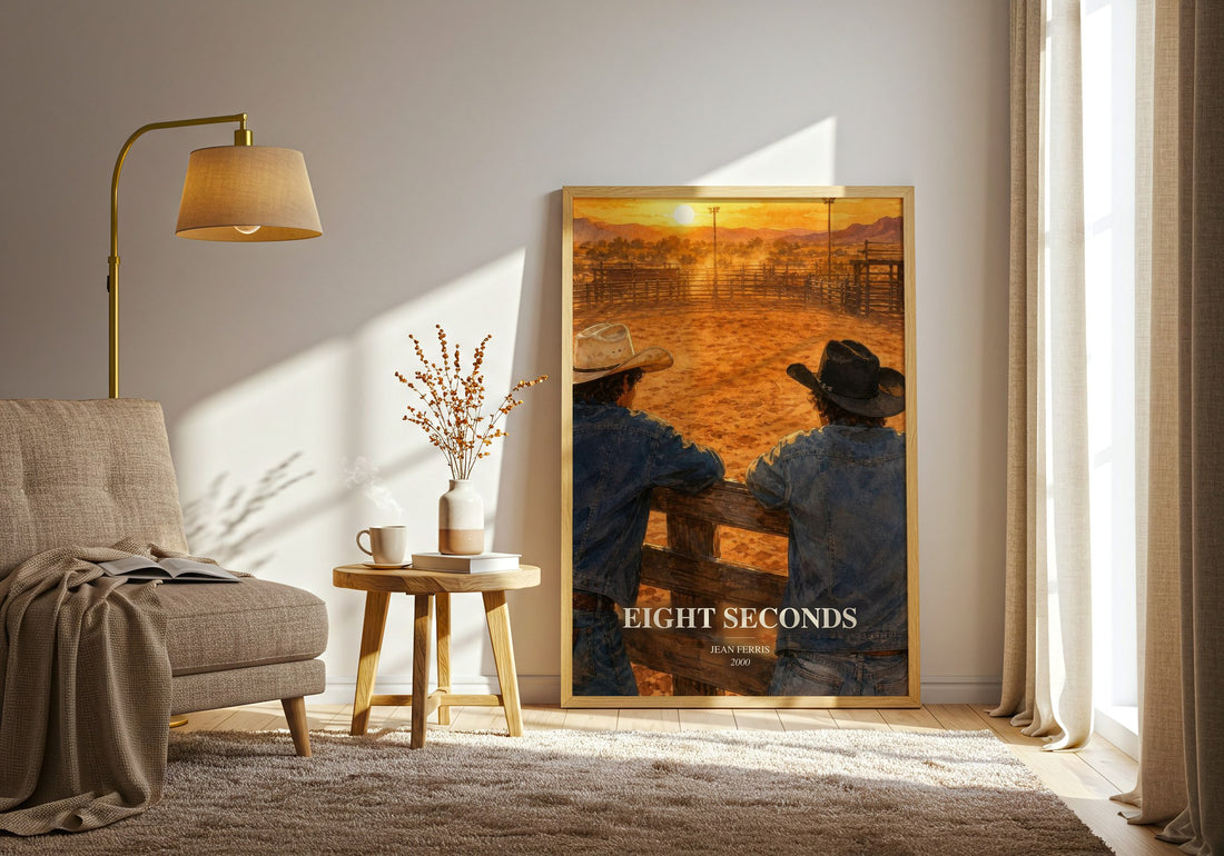 Eight seconds watercolour print in frame leaning in hallway – young adult wall art