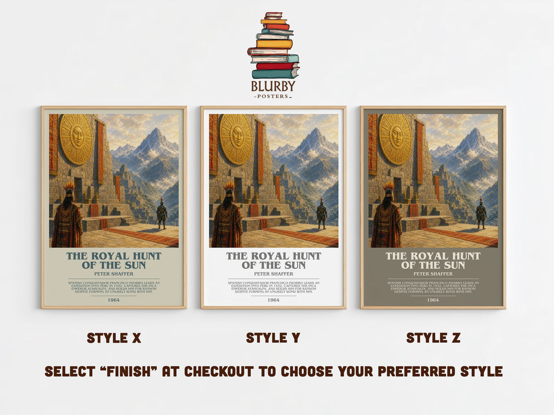 The royal hunt of the sun bookish print in frame leaning in hallway – historical fiction wall art (mockup)