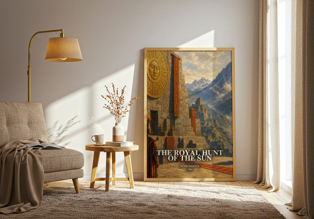 The royal hunt of the sun watercolour print in frame leaning in hallway – historical fiction wall art