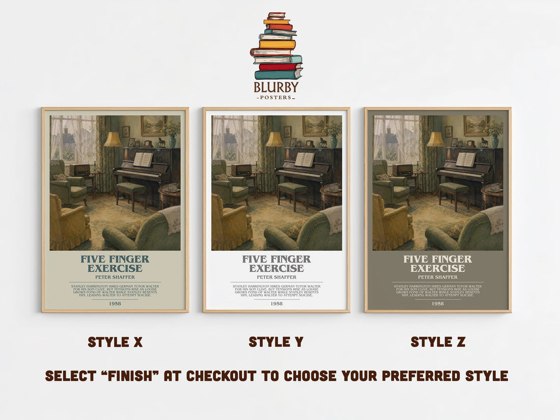Five finger exercise bookish print in frame leaning in hallway – literary fiction wall art (mockup)