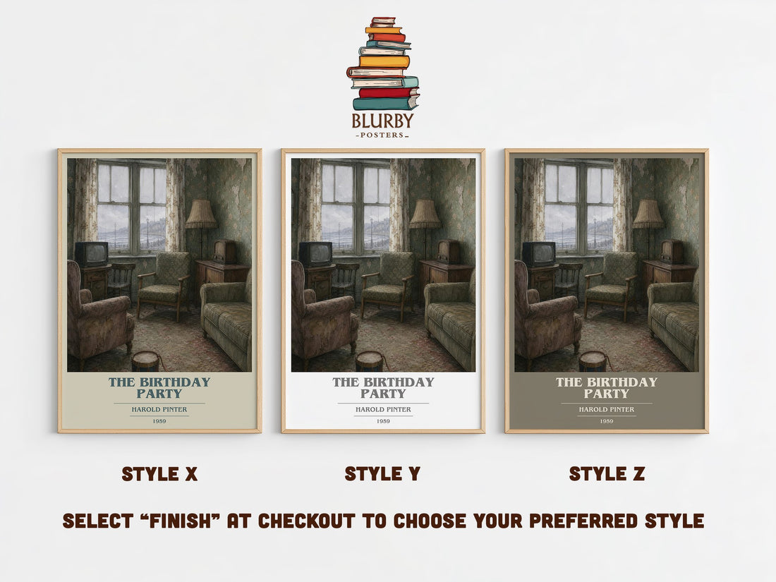 The birthday party book cover print in frame leaning in hallway – literary fiction wall art (mockup)