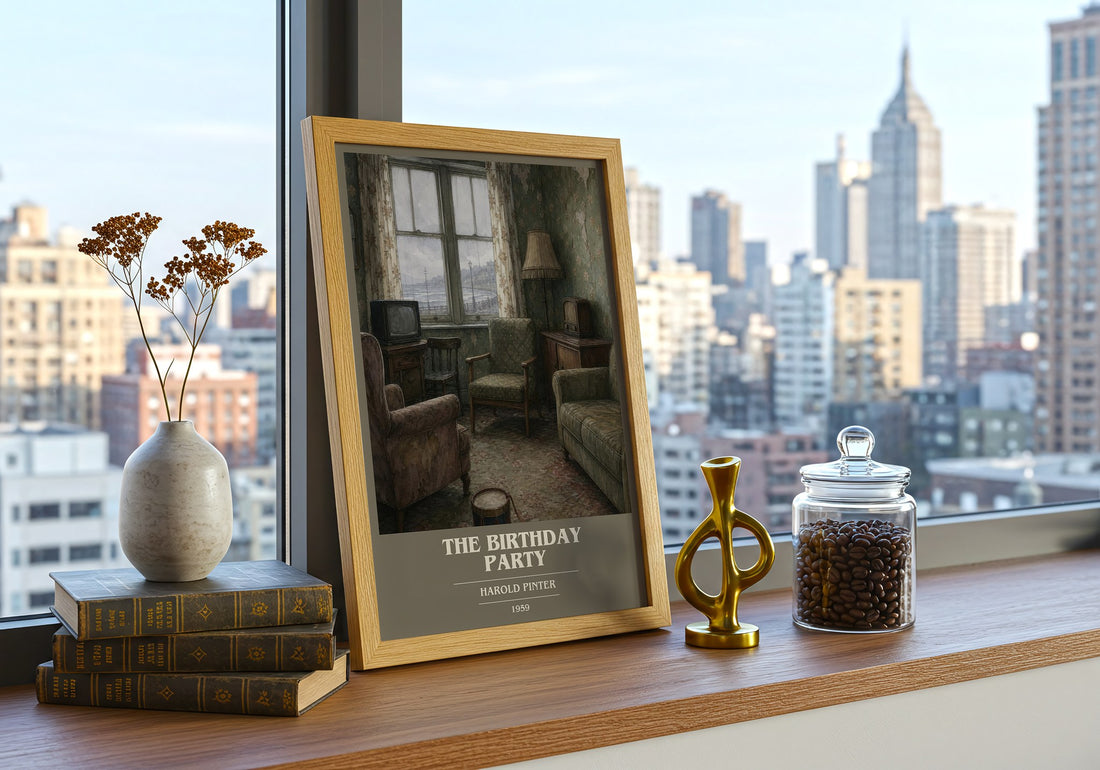 The birthday party book cover print framed by window – literary home decor